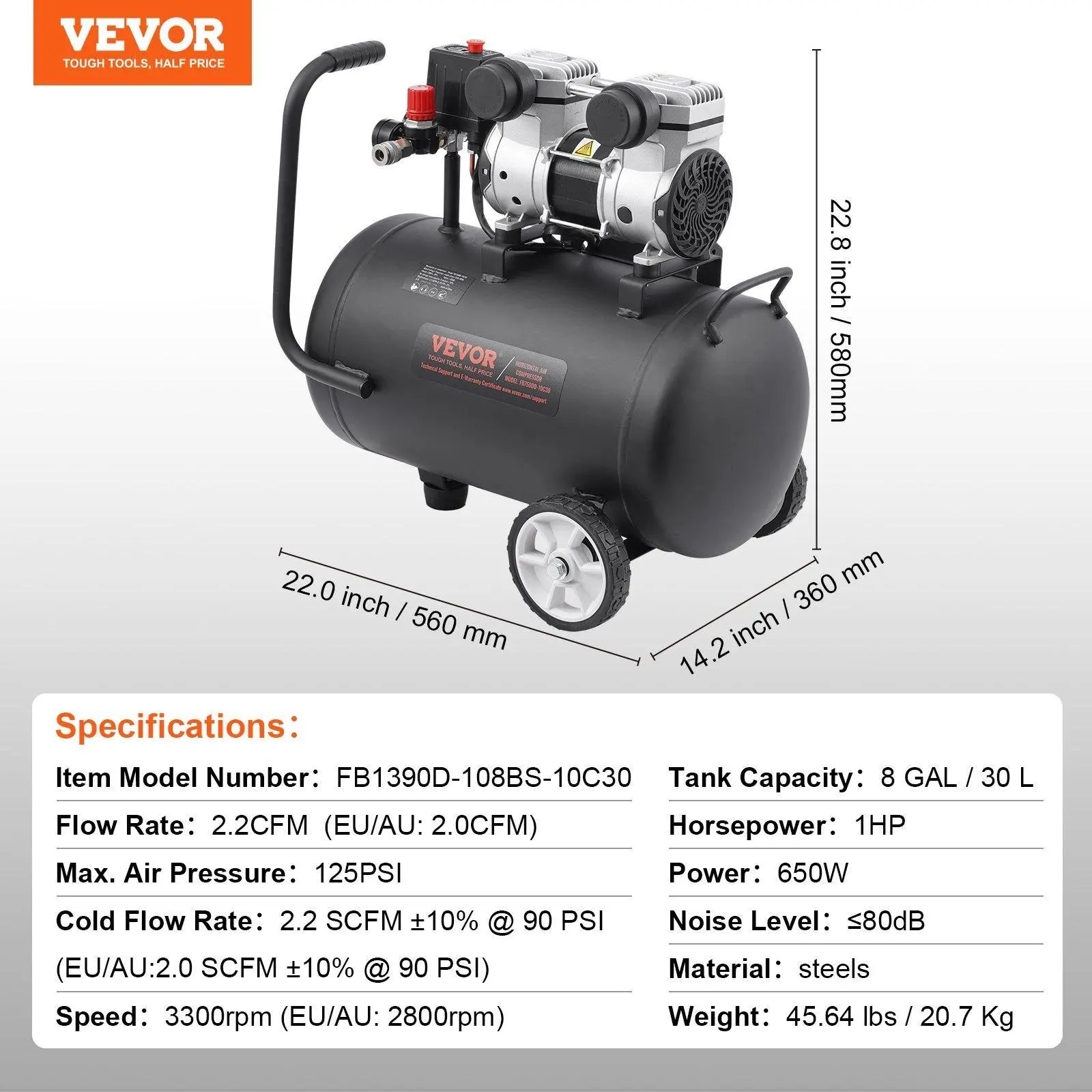 8 Gallon 650W 2.2 CFM@ 90PSI 80 dB
