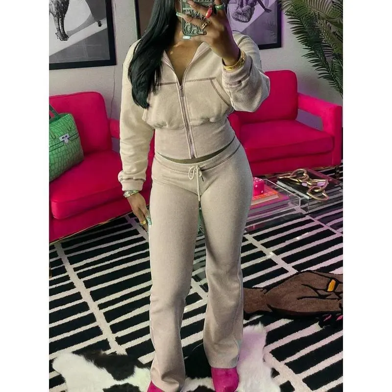 Tracksuits Fall Winter Waffle Knit Two 2 Pieces Set Sweatshirts Jacket and Flared Pants Street Sports Workout Outfit