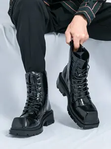 Men's Fall Winter New Crocodile Texture High-Top Boots, Thick Sole Height Increasing Anti-Slip Motorcycle Boots, Street Style Fashion Shoes