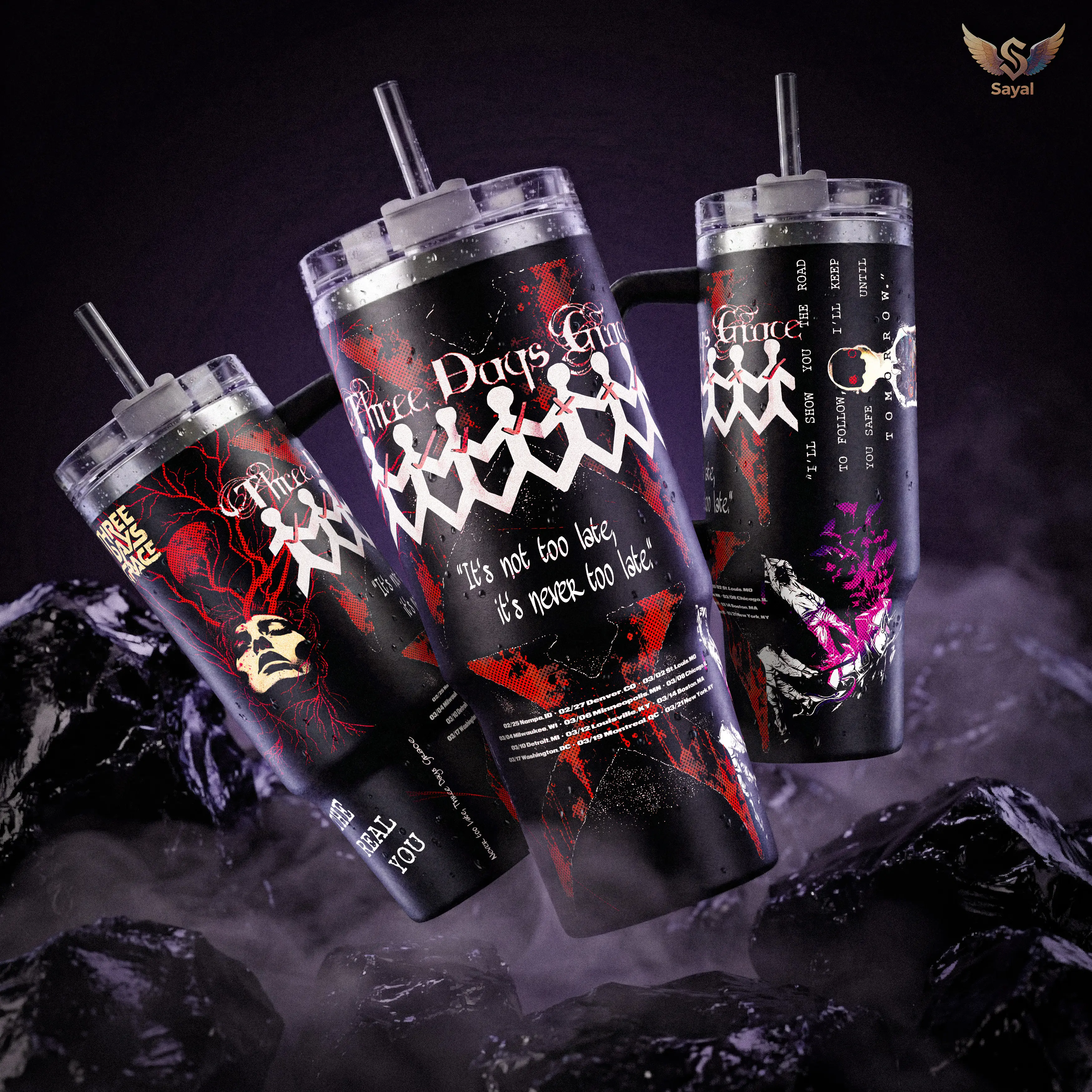 THREE DAYS GRACE Never Too Late Alternative Rock Graphic Sayal 40 oz Vacuum Insulated Cup Straw Keeps Drinks Hot Cold 12H+ For Rock Lovers & Aesthetic Vibes Hard Rock Style Splash-Proof 18/8 Stainless Steel Comfort Handle Mug For Fans