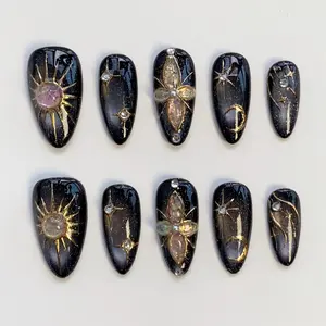 Gothic Nails/Sun Nails/3D Gold Chrome Nails/Glitter Black Cat Eye Nails/Goth Press on nails long almond nails/Star Nails Moon Nails Custom