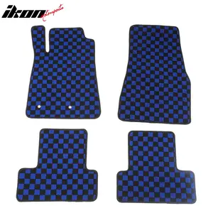 Front Rear Full Set Waterproof Floor Mats for Ford Mustang 2005-2009 Black Blue Plaid Checkered Carpets PP & Loop Pile Surface & TPE Backing 4PCS