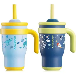 14 oz Kids with Handle for Spill Stainless Reusable for Toddlers, Keeps Drinks Cold up to 24 Hrs,Dinosaur+Spaceman2P