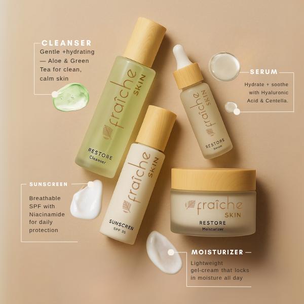 Fraîche Skin Restore Collection – Complete 4-Step Skincare Set for Hydrated Radiant Skin with Cleanser, Serum, Moisturizer & Sunscreen