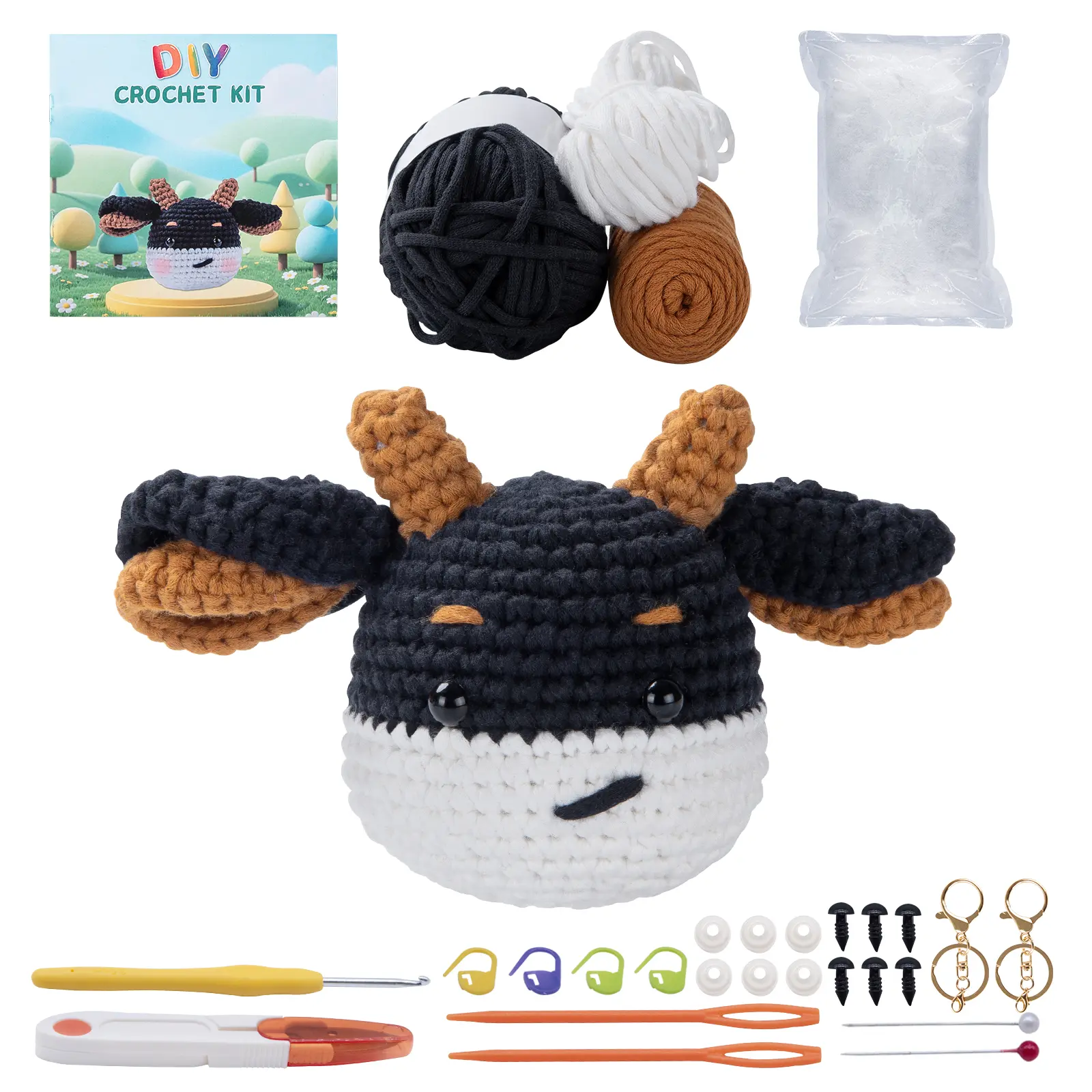 DAZUINIAO Beginner-Friendly Cute Cow Crochet Kit - Easy DIY Craft Kit for Birthday, Holiday Gifting, Cozy Hobbies, Craft Enthusiasts, DIY Lovers, Includes Yarn, Hooks, Needles, and Accessories