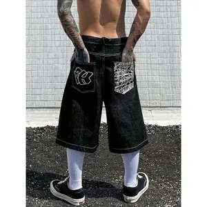 Men's/women's Loose-Fit Wide Leg Denim Shorts, Street Casual Style Summer Woven Fabric, Moderate Thickening, Trendy Embroidered Pockets Design