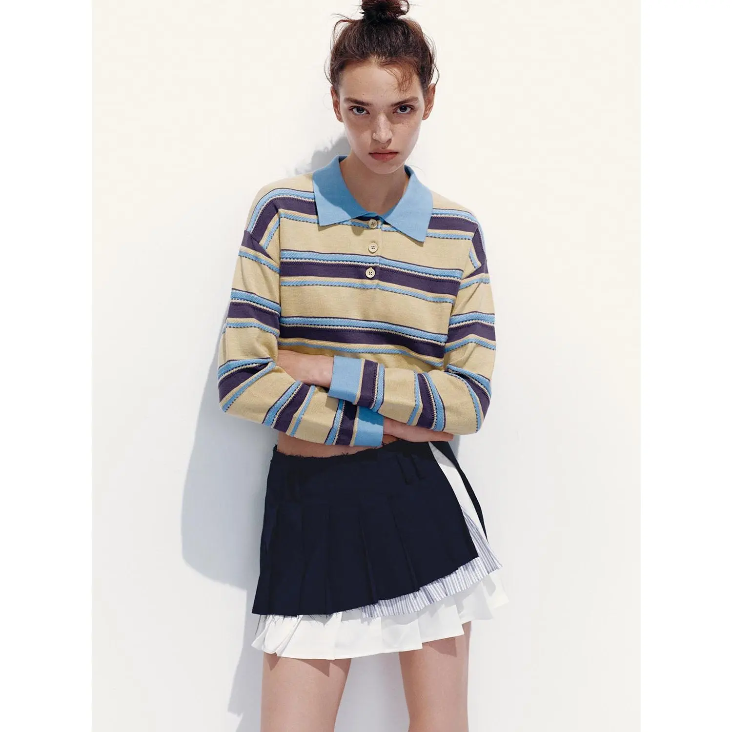 Women's Striped Knit Polo Shirt Cropped Fitted Cut Top with Short Sleeves in a Stretch Cotton Blend, Lady, Fabric, Urban Revivo, Colorblock, Casual, Color Block