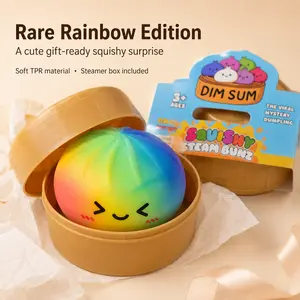 Rainbow Dumpling Squishy Toy, Soft TPR Bun Fidget Stress Relief Toy with Steamer Box, Cute Collectible Gift for Kids, Adults, Teens & Squishy Lovers