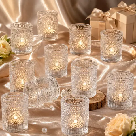 36-Pack Durable Lead-Free Heat-Safe Glass Candle Holders for Candlesticks, Vintage Sunflower Embossed Tealight Cups Bulk Set, Table Home Romantic Decor Centerpieces for Wedding, Birthday Parties