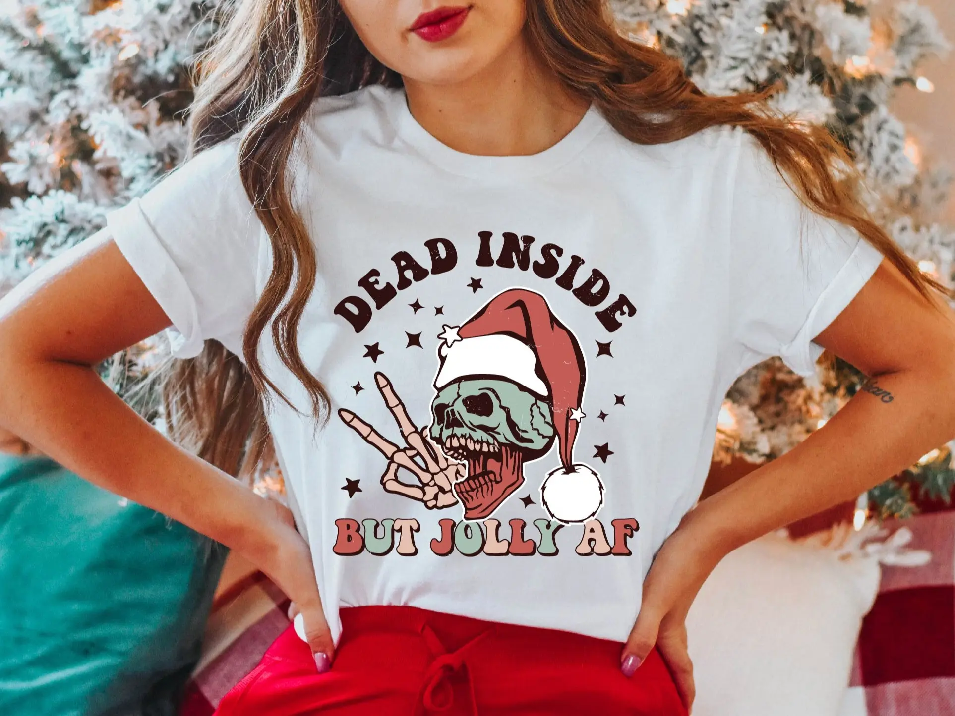 Dead Inside But Jolly AF T-Shirt, Skeleton Christmas Shirt, Skull Santa Claus Tee, Dead Inside Skeleton Tee, Christmas Holiday Shirt, Xmas Party T-Shirt.