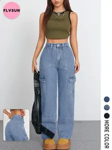 Flvsun- Women Cargo Jeans High WaistY2K Retro Streetwear Trousers with 6-Pocket Heavy-Duty Belt Loops, Straight Leg Baggy (Non-Stretch) & Women, All-Season Workwear & Casual Outfits
