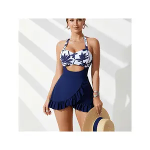 Women's 2-Piece Tankini Swimsuits Set - Halter Ruffled Skirt, High Waist Palm Print, Tummy Control Navy Blue Bathing Suit for Summer 2026,chic design,mesh top,sport bra