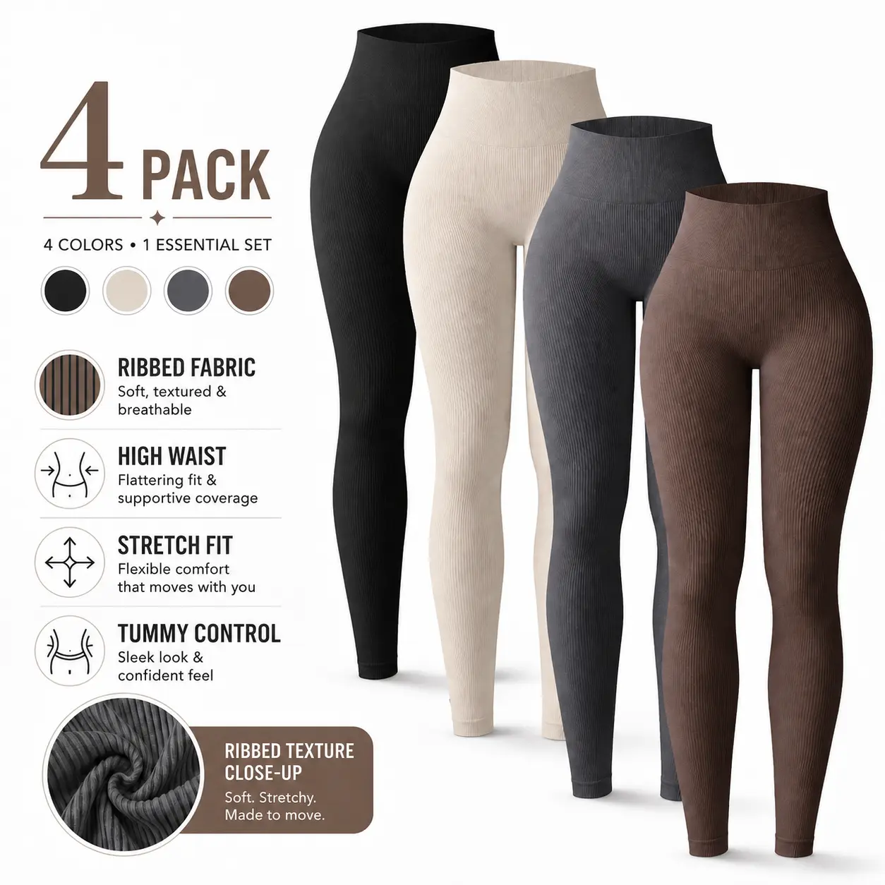 Hijesse 4 Packs Ribbed Seamless Leggings For Women-High Waisted TummyControl Butt Lifting Yoga Pants For Workout Athletic Running Cycling YogaPickleball Exercise Casual