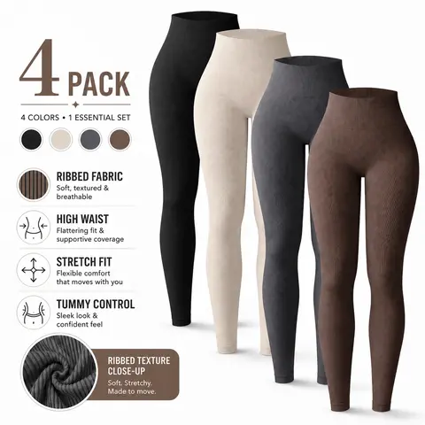 Hijesse 4 Packs Ribbed Seamless Leggings For Women-High Waisted TummyControl Butt Lifting Yoga Pants For Workout Athletic Running Cycling YogaPickleball Exercise Casual