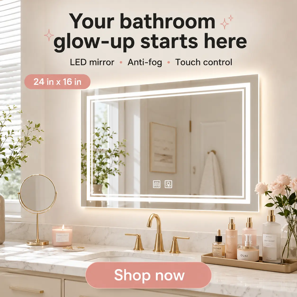 SHAMATE Wall-Mounted Smart LED Glass Makeup Vanity Mirror for Bathroom, 24x16in Horizontal Rectangular, Dual Touch Buttons, Long-Press Brightness Adjustment, Anti-Fog, Polished Light Source, Modern Large Front Home Decoration Accessory double