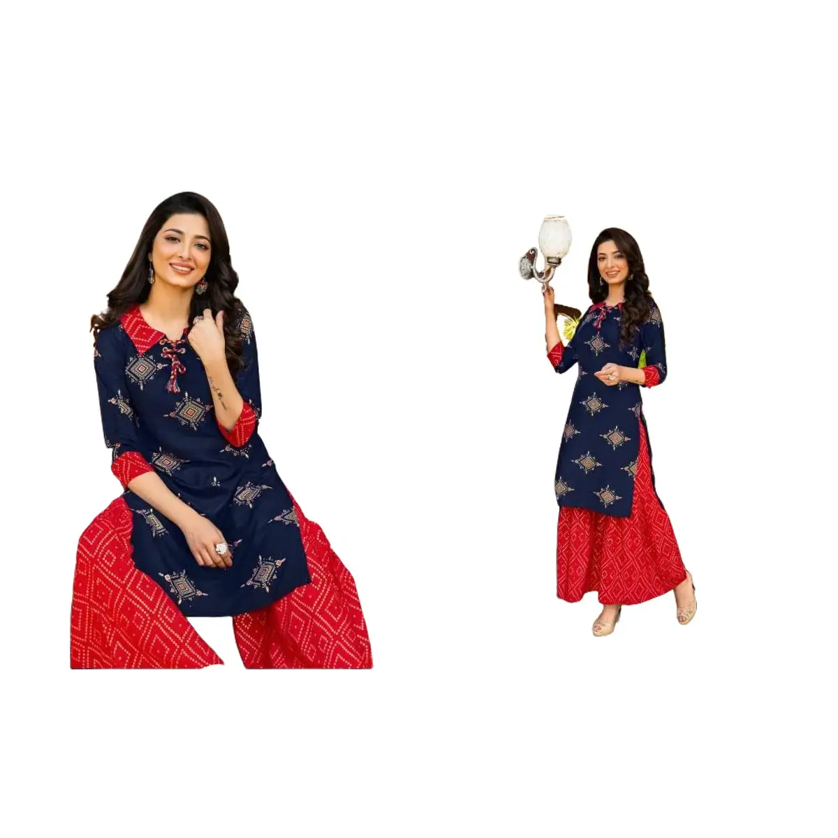 Elegant Navy Blue & Red Ethnic Wear Set for Women - Kurti and Palazzo Combo #RNG-304