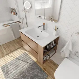 Allsumhome 30" Wall Mounting Floating Bathroom Vanity With Gel Sink,Imitative Oak Finish,Soft Close Drawer