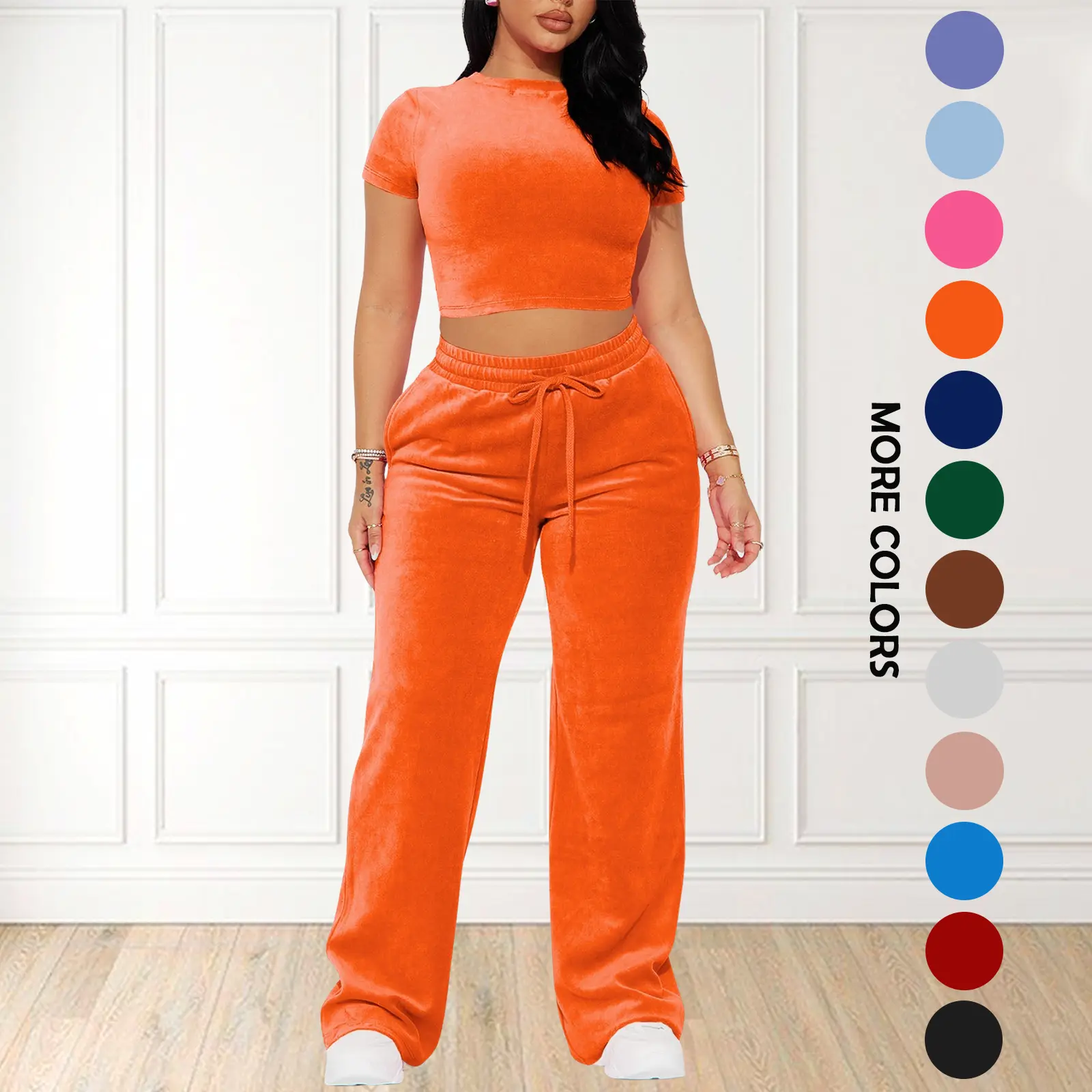Women’s soft velour fuzzy velvet 2-piece matching outfit set, short-sleeve crew neck crop top & wide-leg pants with elastic drawstring waist and side pockets, cozy velour loungewear co-ord set, relaxed fit suitable for curvy figures, casual home wear, str
