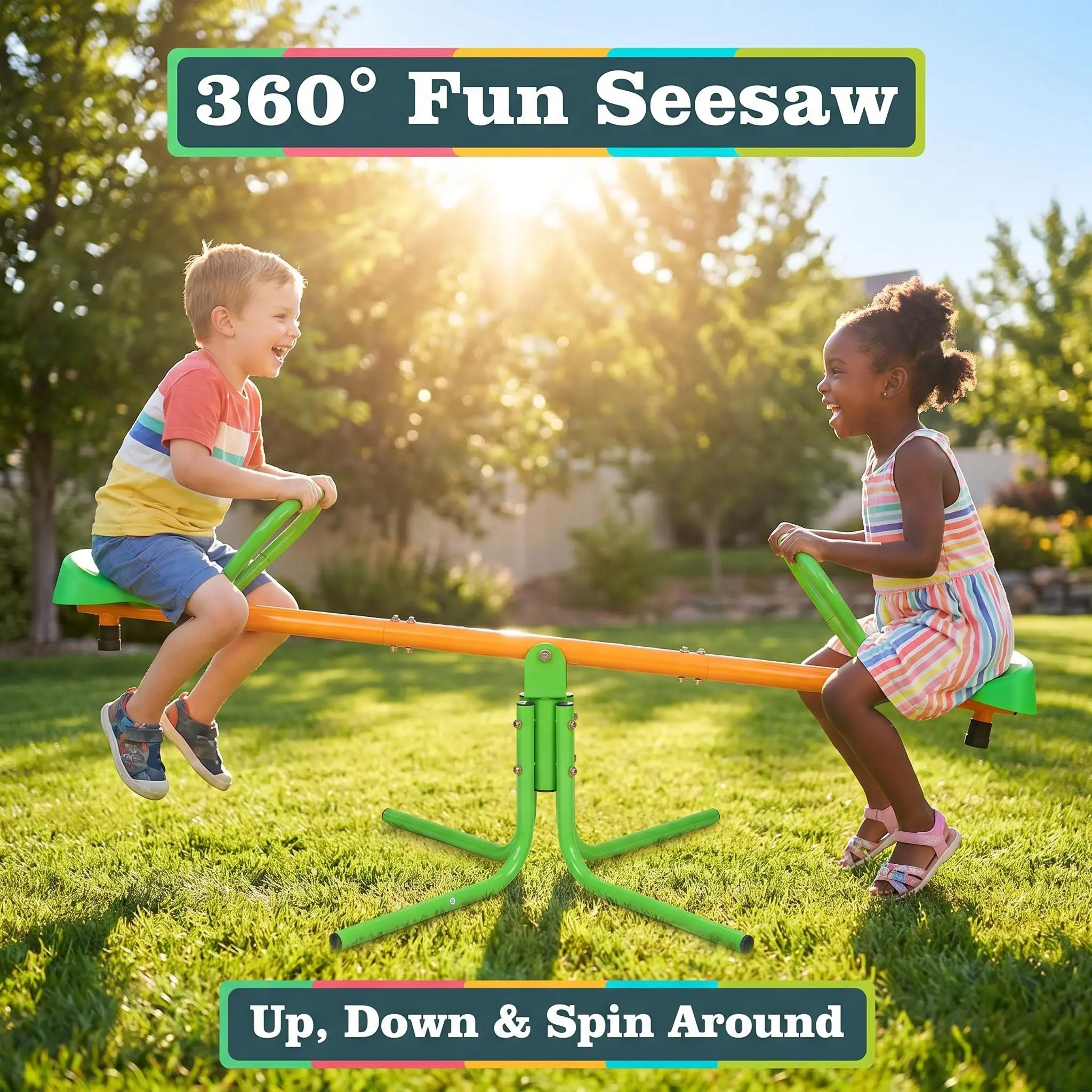 Unisex Metal 360° Rotating Bouncing 2-Seat Kids Seesaw, 71 Inch Sports Outdoor Playground Set, Stable Non-slip Base, Wrap-around Grip for Active Play Toddlers Backyard Safe Equipment Steel Playground Equipment