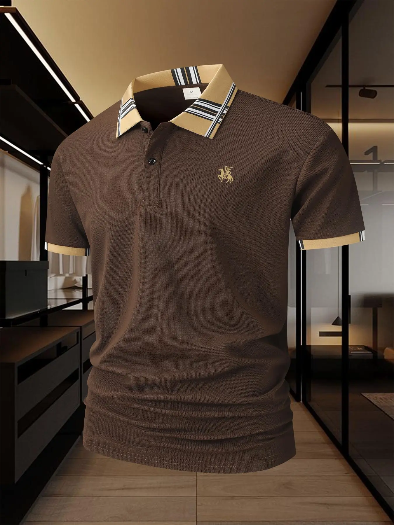 Men's Horse Print Asymmetrical Neck Polo Shirt, Regular Fit Casual Short Sleeve Button Top for Summer, Fashion Men's Clothes for Business, Menswear