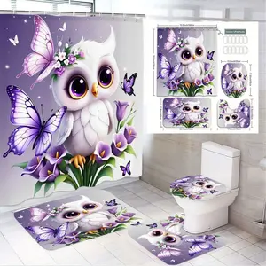 1/4pcs Enchanted Purple Owl Bathroom Set 4-Piece (Shower Curtain + Bath Mat + Toilet Lid Cover + Hooks) - Whimsical Owl with Purple Flowers & Butterflies for Spring Easter St Patrick's Day Decor, Cozy Playful Bathroom Accessories Shower Curtain Sets