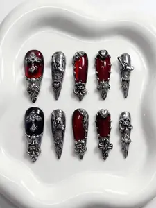 Gothic Vampire Press On Nails: Red, Black & Silver Cross - Handmade
