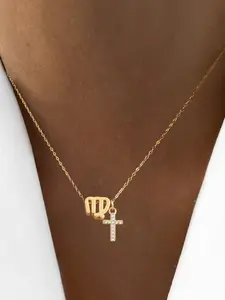 Women's Elegant Zodiac Zirconia Cross Pendant Necklace, Statement Necklace, Stainless Steel Chain, New Classic Design Jewelry for All Seasons