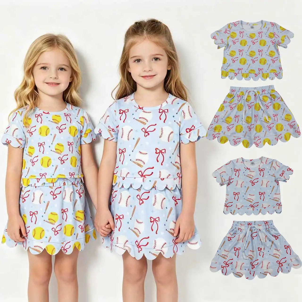 Girls' Scalloped Spandex Blend Softball Skirt Set - Quick Dry Summer Athletic Outfit with Floral Print Dress, Ideal for Game Day & Practice, Elastane, Multi-Size, Game Day Outfits, Dresses For Girls, Clothes For Girls