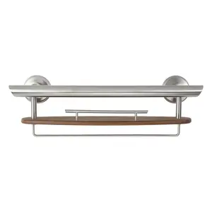 LiveWell Beautiful 3-in-1 Grab Bar/Shampoo Shelf/Washcloth Bar - Brushed Nickel / Antique Mahogany