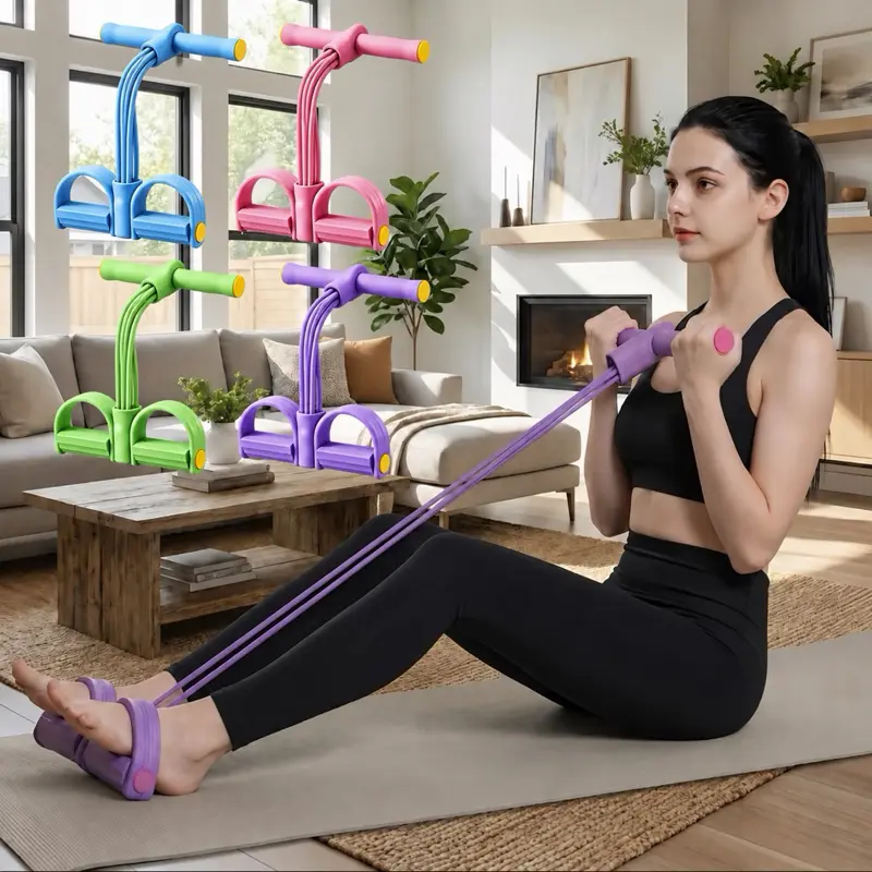 4-Tube Natural Rubber Pedal Resistance Band with Handles - Portable, Durable, for Inhome Gym, Body Shaping, Exercise Anywhere, Physical Therapy