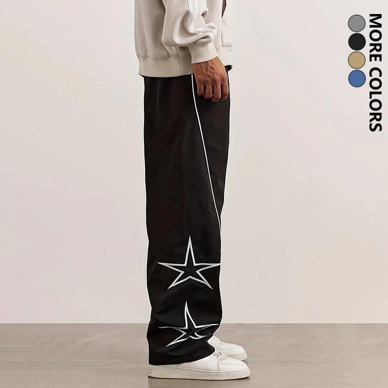 Men's Fashion Casual Pants, Street Retro Star Embroidered Straight-Leg Pants, Polyester Fabric, All-Season Versatile Trendy Hip-Hop Track Pants