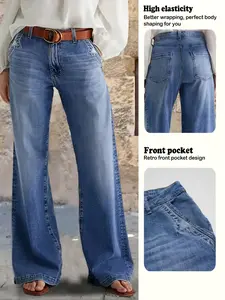Women's Denim Wide Leg Pants with Pocket Patches, Casual Loose Fit Style Jeans for Everyday Daily Wear, Comfortable Ladies' Fashion Bottoms