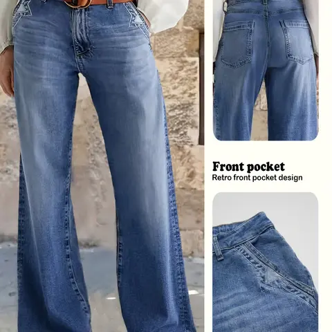 Women's High Stretch Denim Jean Stretchy Casual Wide Leg Pants with Pocket Patches, Casual Loose Fit Style Jeans for Everyday Daily Wear, Comfortable Ladies' Fashion Bottoms, Womenswear, Denim Flare Pants