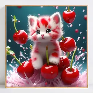 Cherry Mosaic Cat Pattern DIY Diamond Arts Colorful Painting Kit without Frame, 5D Diamond Decor Painting by Numbers Kit, DIY Wall Art Decor