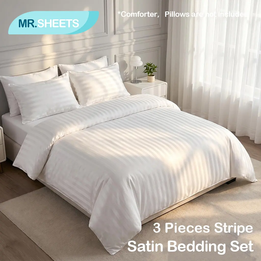 NTBAY 3-Piece Premium Satin Striped Bedding Set - Wrinkle Resistant, Breathable, All Seasons Silky Duvet Covers with Mirror Shine, Anti-Frizz, Skin Friendly Luxury Bedroom Linens, Glossy