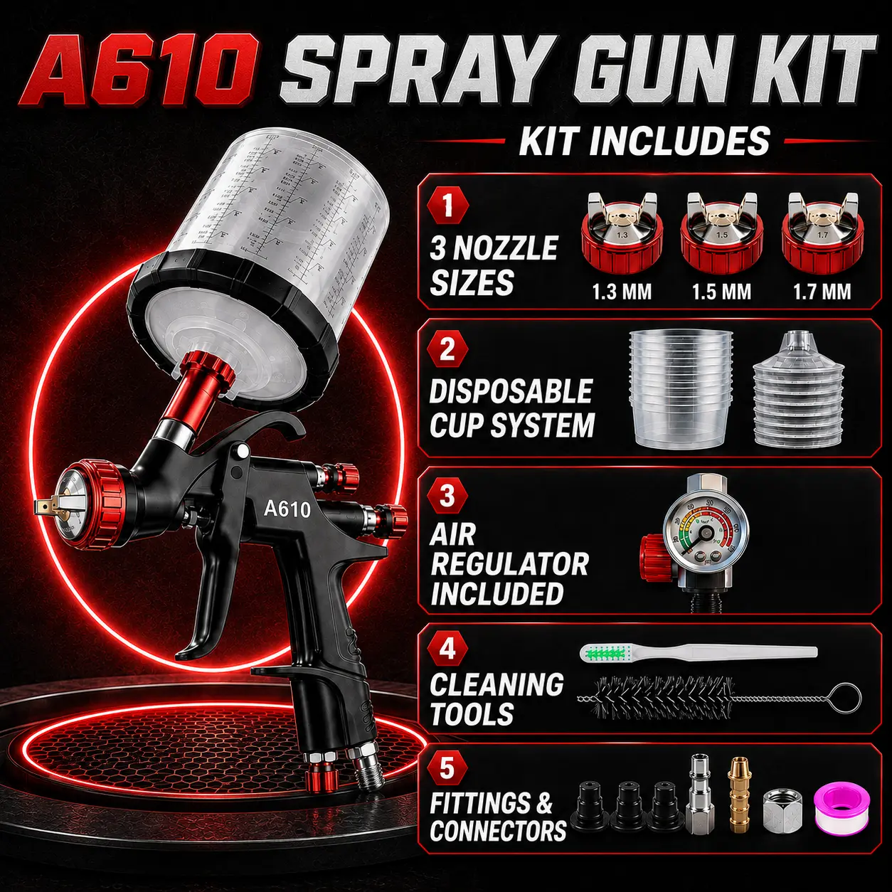 Premium A610 LVLP Paint Spraying Tool Kit - HVLP Spray Gun, 1.3/1.7/2.0mm Nozzles, Air Regulator, 650ml Mixing Cup, 10 Disposable Cups, Adjustable Hardware for Automotive, Furniture Use, Cleaning Tools, Longevity, Stainless Steel, Aluminum Alloy