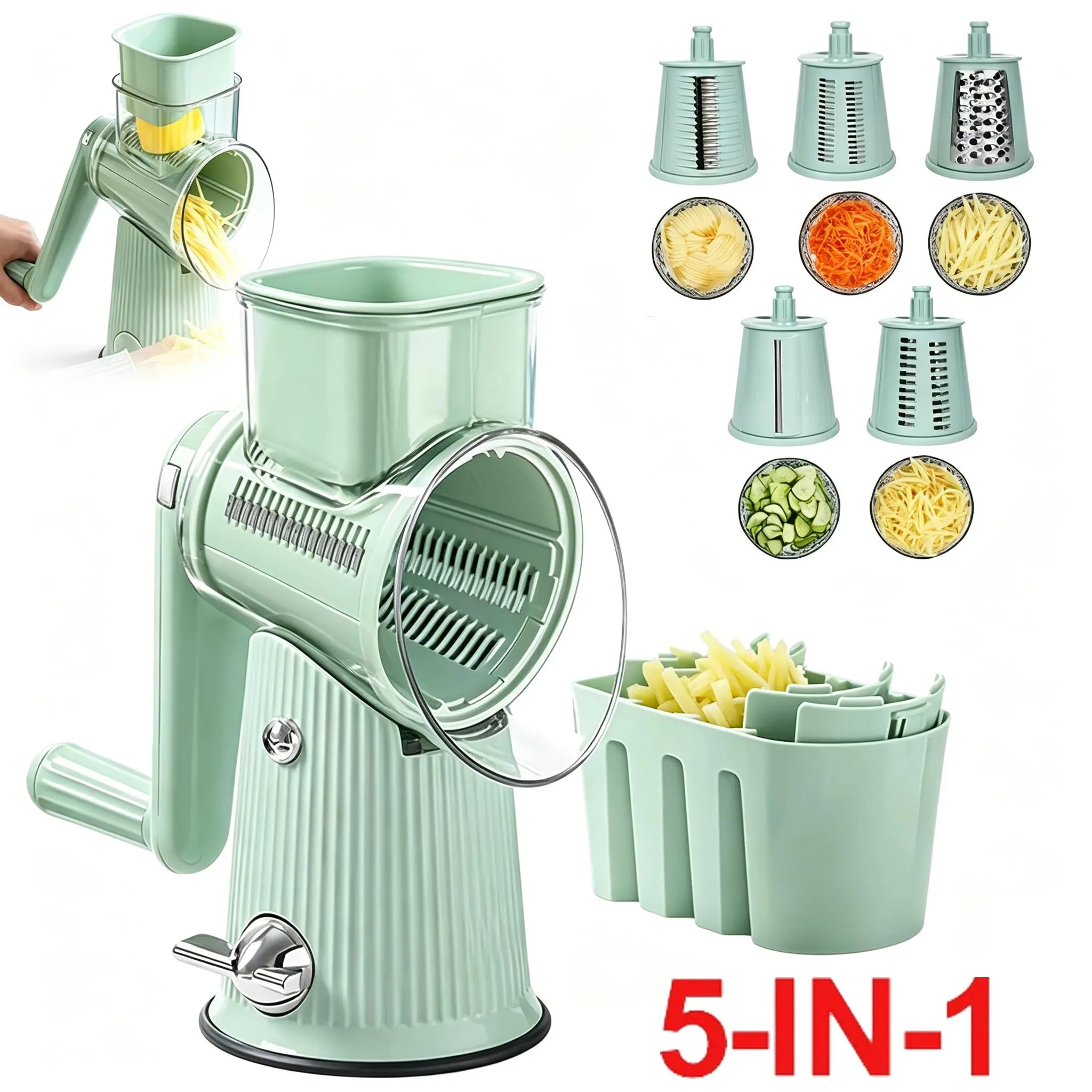 10-Blade 5-in-1 Rotary Cheese Grater, Suction Base Safety Handle, Blade Storage Box, Kitchen Utensil for Shredding, Slicing & Grinding