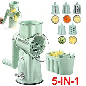 10-Blade 5-in-1 Rotary Cheese Grater, Suction Base Safety Handle, Blade Storage Box, Kitchen Utensil for Shredding, Slicing & Grinding