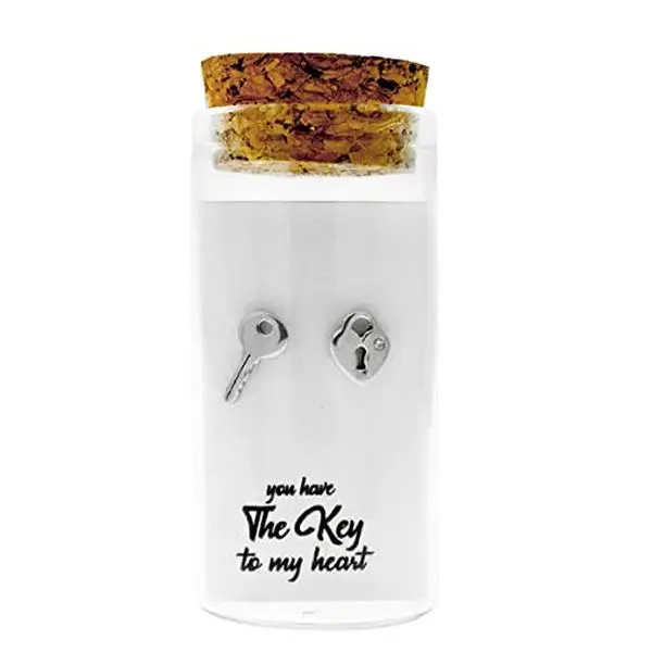 Quan Jewelry Key Lock Earrings, Comes with Premium Gift Box, Glass Message Jar with Cork Topper - 100% Handcrafted Unique Gift, Rhodium Coated Stainless Steel