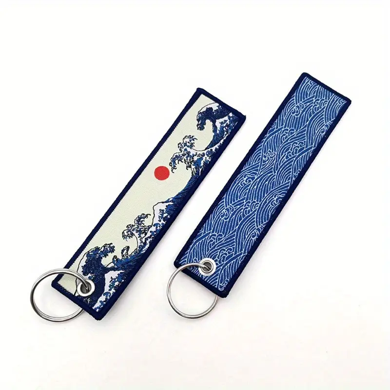 2pcs Hokkaido Waves JDM Racing Keychain Key Fob - Durable Nylon with Double-Sided Embroidery, Fit for Car Keys & Backpacks - Stylish Sea Sun Auto Keyring Accessory Keychain For Bags