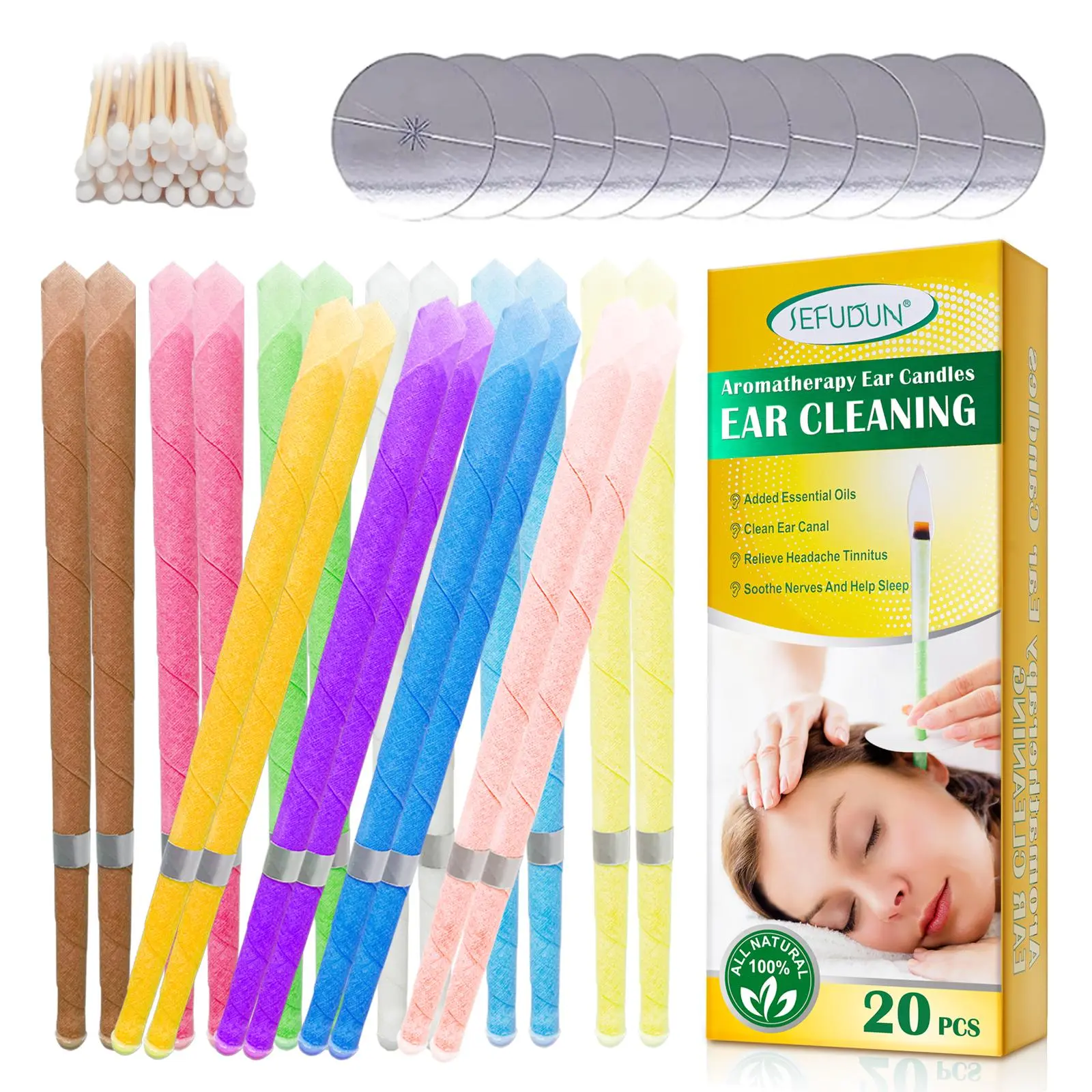 SEFUDUN Beeswax Ear Candles (20 pcs) gently cleanse the ear canal, eliminating earwax buildup, providing natural and gentle ear canal care + immersive mind-body relaxation.