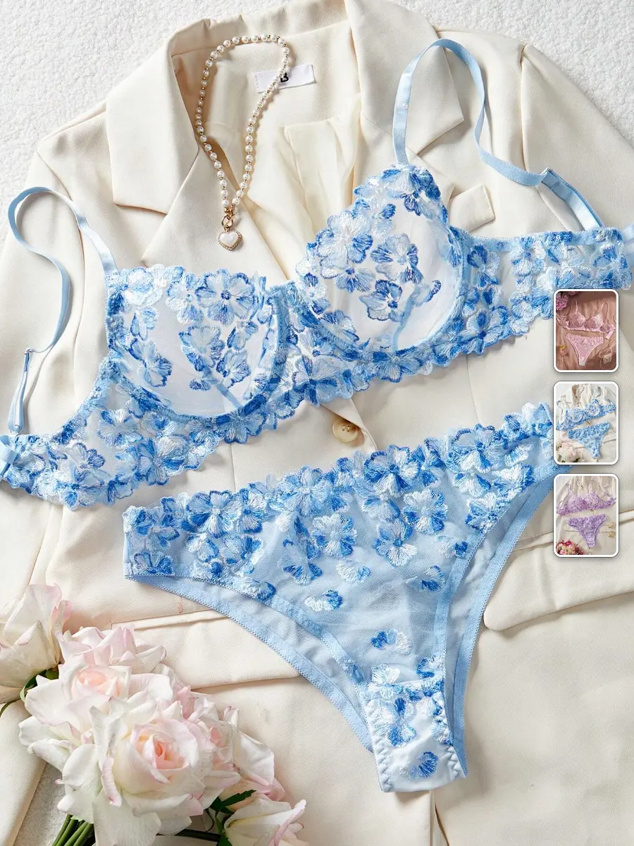 Lingerie Set Sheer Mesh Floral Embroidery Sexy Date Night Valentine's Outfit