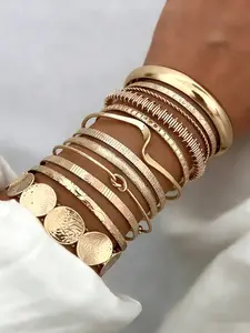 Vintage Elegant Boho Geometric Metal Bangle Set for Women, Daily Wear Stackable Bracelets, Perfect Gift for All Seasons