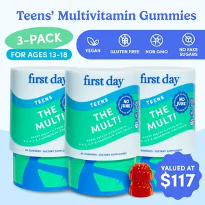3-PACK First Day Teens Multivitamin Gummies for Ages 12-17 - Organic Fruit & Veggie Blend + Vitamins A, B1, B2, B6, E, B12, C, D3 & K2, Zinc & Folate Teen Boy and Teen Girl Gummies Supplement - 90-Day Supply