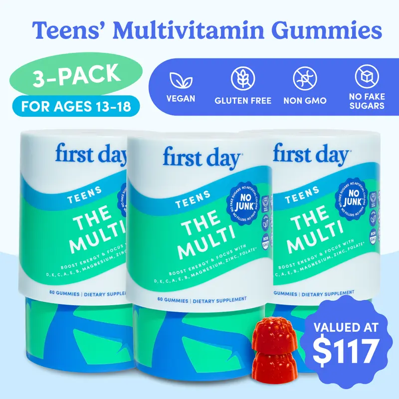 First Day Teens Multivitamin Gummies Ages 13–17 – Natural Orange Flavor, 21 Organic Superfoods + Vitamins A, C, D3, K2 & B12 – Supports Focus, Mood, Immunity & Clear Skin – Vegan, Gluten-Free, No Junk – 3-Pack, 90-Day Supply