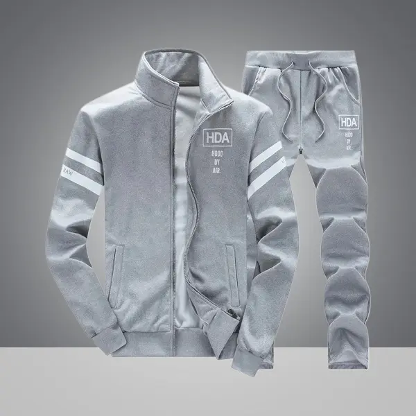 Men's Casual Stand Collar Jacket Set with Letter Print Design Long Sleeve & Matching Pants for Spring Autumn Athletic Tracksuit