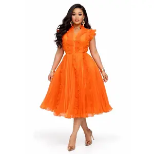 Orange Dramatic Ruffle Pleated Fit & Flare Twirl Skater Midi Dress: Summer Wedding Guest Graduation Dinner Birthday Cocktail Party Reception