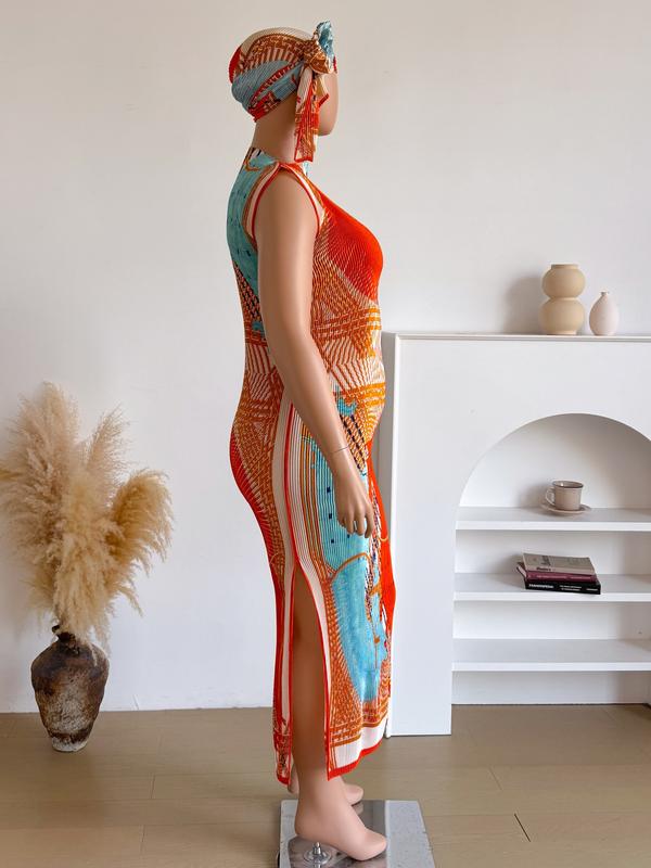 Women's Boho Style Long Robe Set, Moomoo Dress + Headscarf Scarf Hairband, All Season Beach Sun Protection Satin Silk Shawl