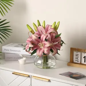 6-Pack Realistic Silk Lilies Artificial Flowers with Glass Vase – Lifelike Faux Lily Bouquet for Home Wedding Office Decor,No Maintenance,Bendable Stems,Ready-to-Display-Purple