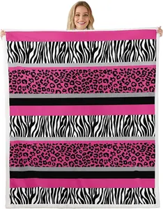 Feelyou Zebra Stripes & Leopard Print Sherpa Blanket - Pink, Black, White Fuzzy Plush Fur Blanket for Living Room Home Decoration